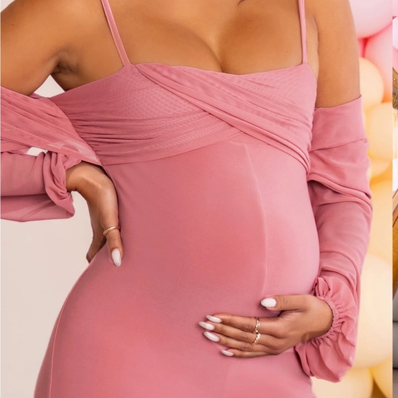 Club L London baby baby rose pink maternity ruched Bardot jumpsuit - Picture 3 of 8